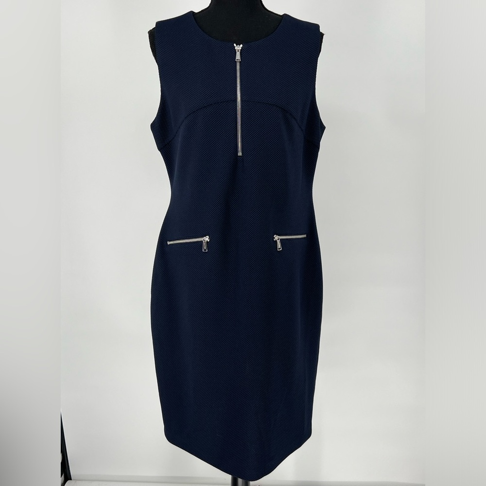 CALVIN KLEIN NAVY BLUE WITH SILVER‎ ZIPPERS SHEATH DRESS